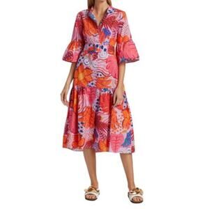 Farm Rio Colorful Botanical Print Purple Midi Belted Cotton Shirt Dress XS